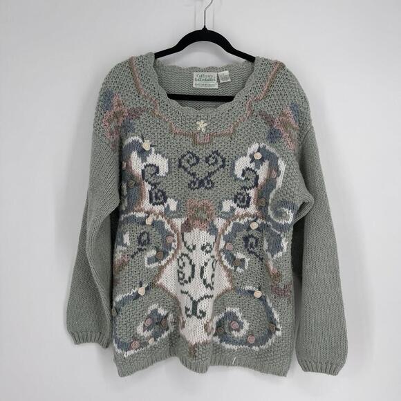 Colleen's Collectables Sweaters - Vintage grandma sweater womens medium M hand knitted embroidered relaxed 80s 90s